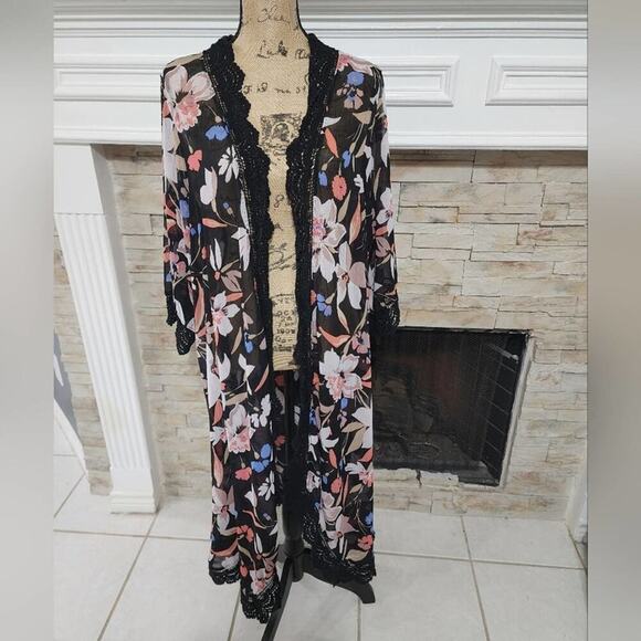 Torrid crocheted lace trimmed floral Chiffon kimono duster plus size 1X 2X - Picture 10 of 13